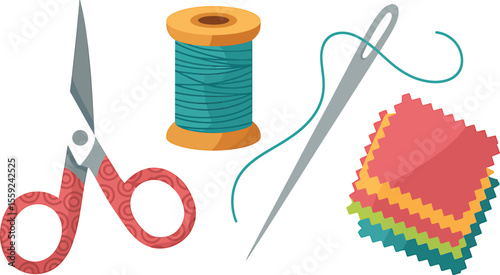 Illustration of sewing kit with scissors thread needle and fabric swatches