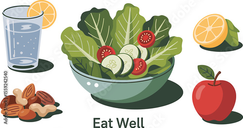 Illustration of healthy eating with salad, water, fruit, and nuts on table