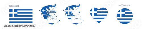 greece flag and map set. greece flag in official colors and proportions. independence day 25 march, map, circle and heart shaped greece 