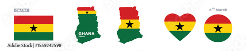 ghana flag and map set. ghana flag in official colors and proportions. independence day 6 march, map, circle and heart shaped ghana 