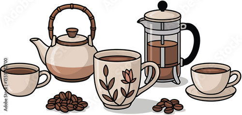 Illustration of a teapot, french press, coffee cups and coffee beans art