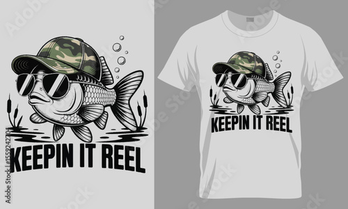 Funny 'Keepin' It Reel' Fishing T-Shirt with Cool Fish in Hat and Sunglasses