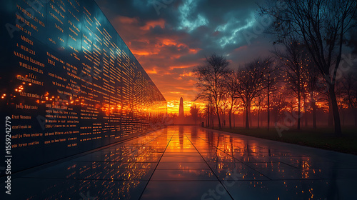 Vietnam veterans memorial at sunset reflecting on paved ground near trees and the washington monument