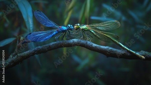 Two iridescent dragonflies facing each other on a branch