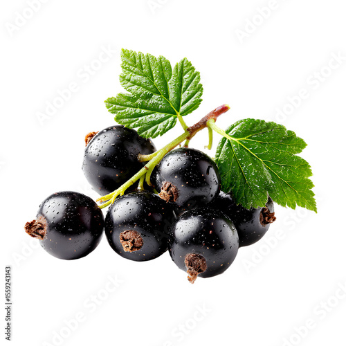 Blackcurrants with green leaves isolated on a transparent background