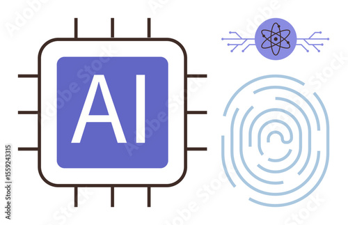 AI microchip with bold lettering, fingerprint pattern representing security, quantum atom illustration for advanced tech. Ideal for AI, technology, security, innovation, research, computing science