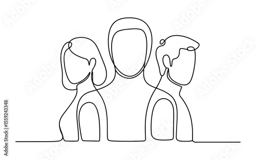 Three people silhouettes in one continuous line drawing