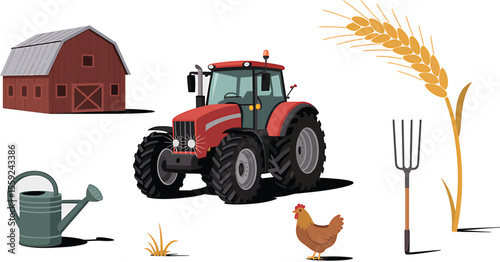 Illustration of a farm scene with a barn tractor and various farm items