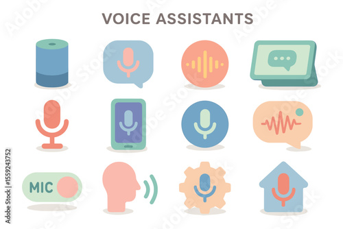 Voice assistants vector illustration: flat style icons for digital interfaces and applications