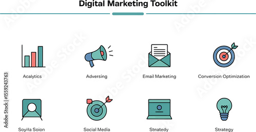 Digital marketing toolkit icons displaying strategy and analytics tools used