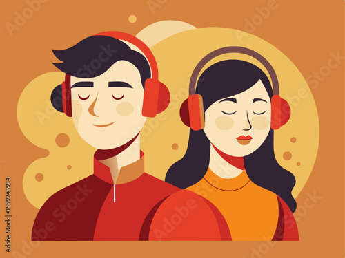 Two calm characters wearing headphones with eyes closed in peach and orange flat illustration