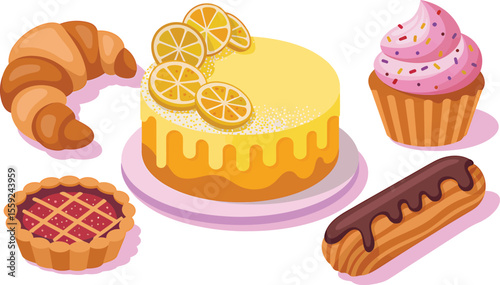 Illustration of various pastries including cake croissant and other sweets