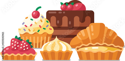A collection of various pastries including cupcakes cake and a croissant