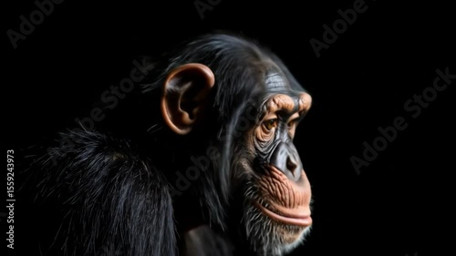 Intriguing Close-Up Study: A Thoughtful Portrait of a Chimpanzee Against Black Void