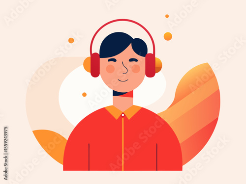 Relaxed male with short hair and headphones listening to music in flat art
