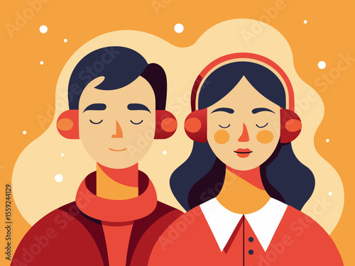 Minimalist flat design of man and woman with headphones facing opposite directions peacefully