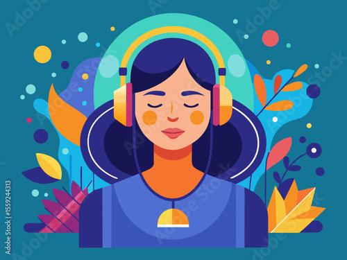 Peaceful girl silhouette in flat vector art listening to music with eyes closed