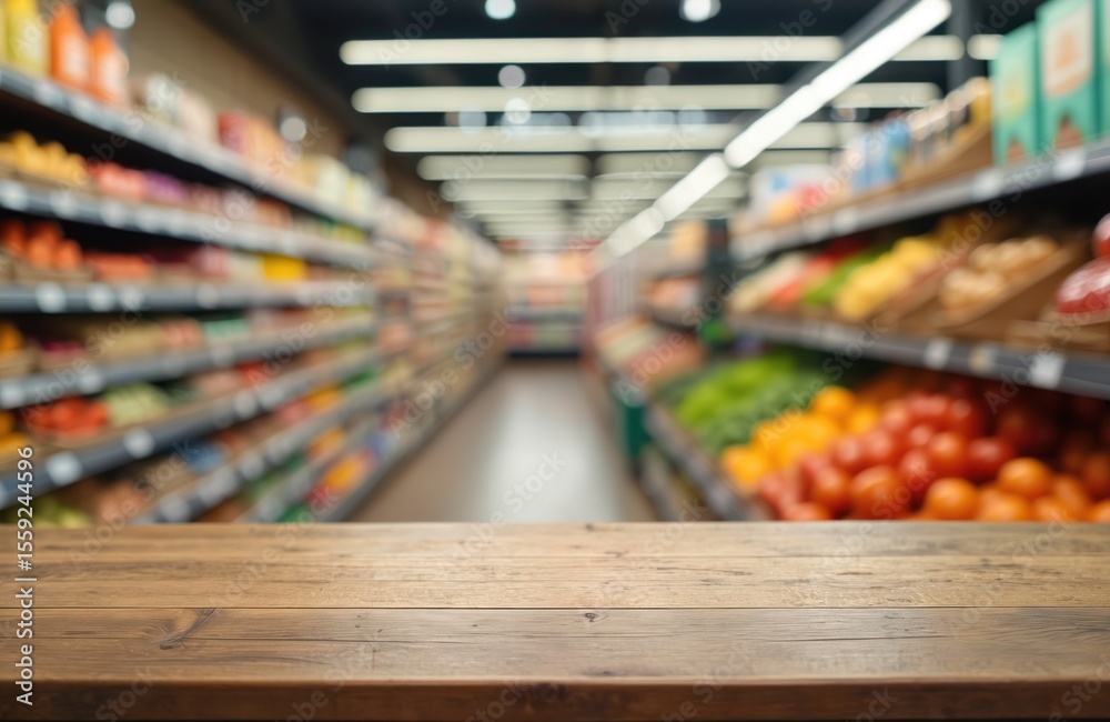 Fototapeta premium Grocery store aisle, fresh products on display. Blurred background, shelves filled with fruits vegetables. Customer shopping experience, commerce, shopping sale, retail environment. Variety