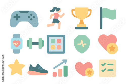 Fitness and gaming icons vector illustration for design projects in modern flat style