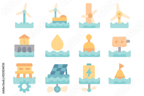 Eco-friendly energy icons vector illustration: renewable energy sources design for posters and prints in flat style