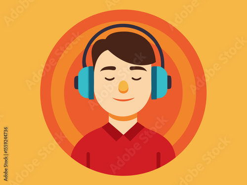 Flat vector design of man listening to music in peaceful mood with headphones