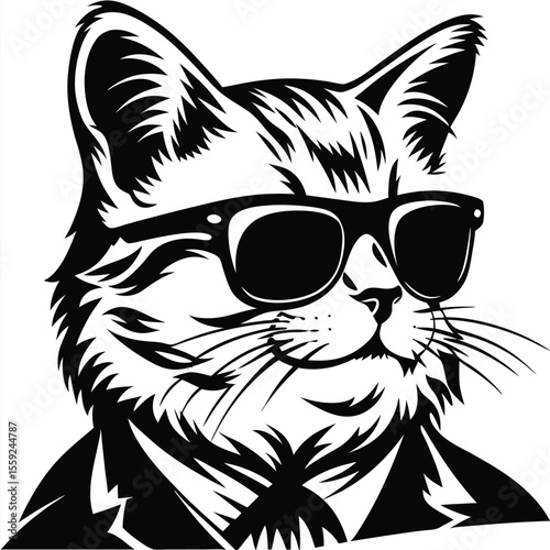 Black and white feline in a suit wearing sunglasses looks very chic