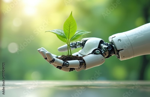 Robot hand holds green plant sprout, environmental protection, eco-friendly innovation. Artificial intelligence, future tech merges with ecology, sustainability concepts. AI helps eco-friendly world