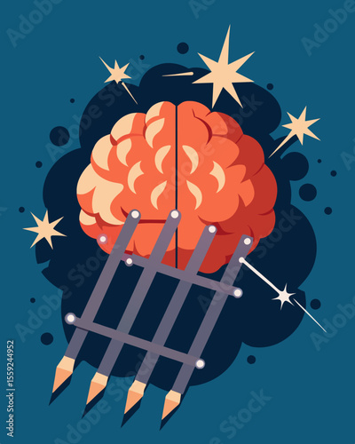 The clanging of metal against metal echoes within the mind as its thoughts desperately try to break free.. Vector illustration