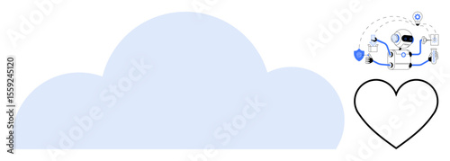 Light blue cloud with a smiling robot holding a shield and tools symbolizing technology and AI, connected to a black outlined heart. Ideal for AI development, cloud computing, data protection
