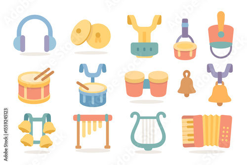 Musical instruments collection vector illustration: flat style icons for design and decor