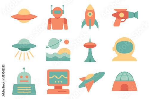 Retro space adventure vector illustration for print design in flat style