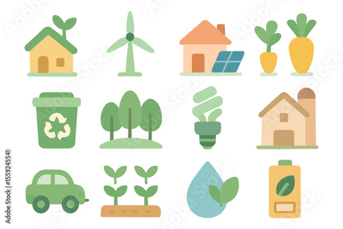 Eco-friendly living vector illustration - green energy and sustainability icons in flat style