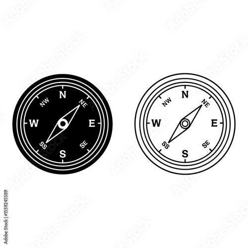 Compass Icons with Directional Markings - Solid Black and Outline Vector Navigation Symbols
