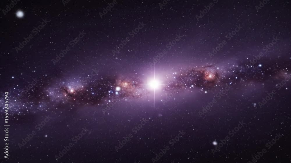 A vibrant purple galaxy with a bright center shines in the dark night sky