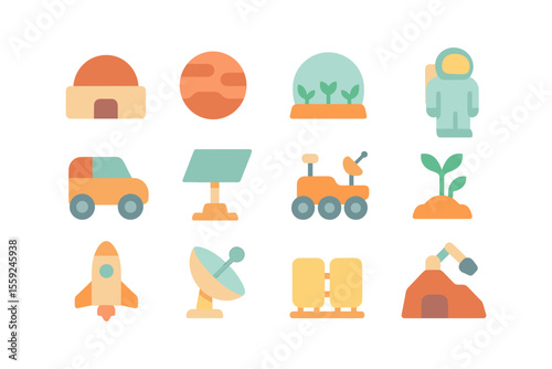 Space exploration vector illustration: flat style icons for creative design projects