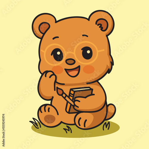 Kawaii Cartoon Bear Holding Book Vector Illustration