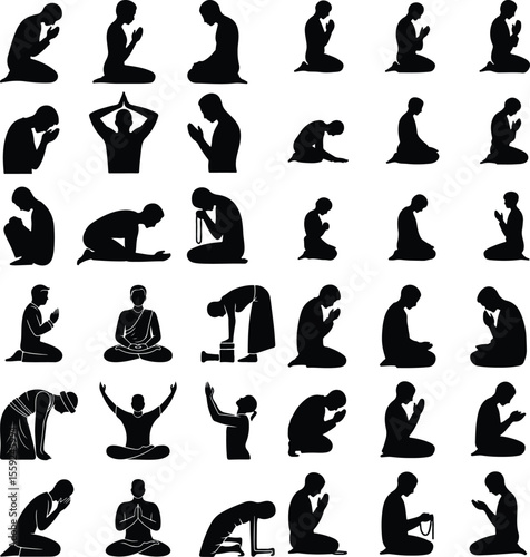 Prayer Pose Vector Icons – Religious & Meditation Silhouettes Pack Prayer Pose Vector Icons – Religious & Meditation Silhouettes Pack