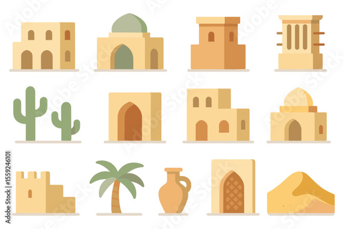 Desert architecture vector illustration: flat style landmarks and elements for design