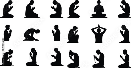 Prayer Pose Vector Icons – Religious & Meditation Silhouettes Pack Prayer Pose Vector Icons – Religious & Meditation Silhouettes Pack