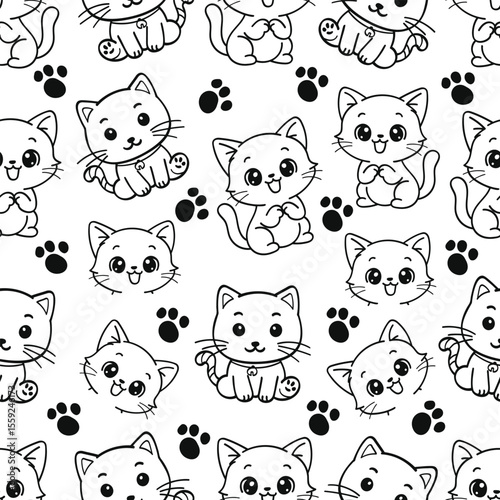 Kawaii Cartoon Cat Seamless Pattern Line Illustration