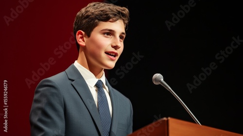 Young Boy Giving Speech at Podium with Microphone, Youth Speaker ,Public Speaking