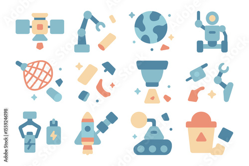 Space exploration icons vector illustration: flat style design for technology posters