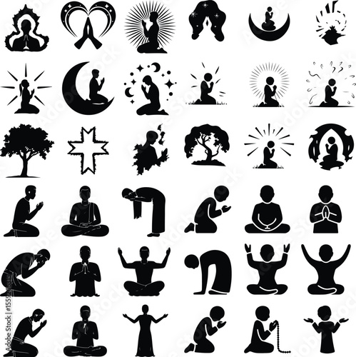 Prayer Pose Vector Icons – Religious & Meditation Silhouettes Pack Prayer Pose Vector Icons – Religious & Meditation Silhouettes Pack