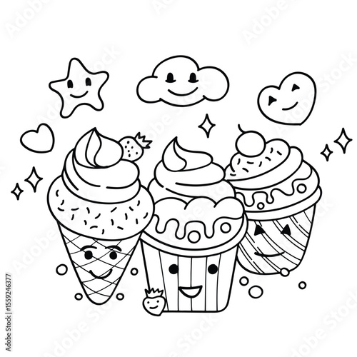 Kawaii Ice Cream in Waffle Cup with Topping Coloring Page Illustration