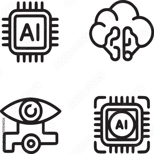 Four ai related icons depicting a cpu brain eye and another cpu on a white background