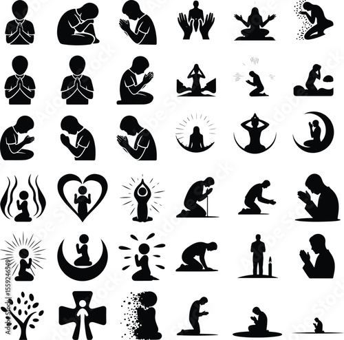 Prayer Pose Vector Icons – Religious & Meditation Silhouettes Pack Prayer Pose Vector Icons – Religious & Meditation Silhouettes Pack