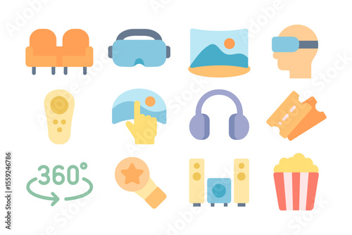 Vector illustration of virtual reality entertainment elements in flat style for design and print
