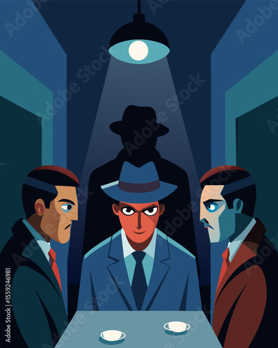 In the interrogation room the detectives stared endlessly at the suspect their eyes accusing and unwavering as they sought to uncover the truth.. Vector illustration