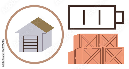 Warehouse building with garage, stacked wooden boxes, and a battery icon symbolizing logistics, storage, or energy management. Ideal for supply chain, inventory, sustainability, or resource
