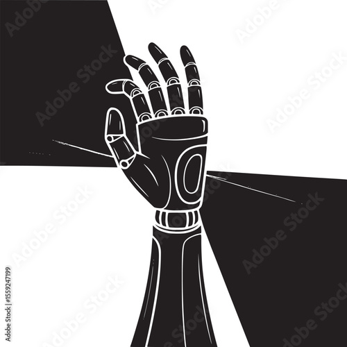 A stylized black and white illustration of a robotic hand against a radial background design